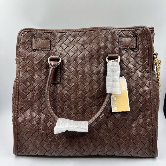 MICHAEL KORS HAMILTON LARGE HAMILTON WOVEN LEATHER LUGGAGE BROWN TOTE BAG NWT - Picture 6 of 12
